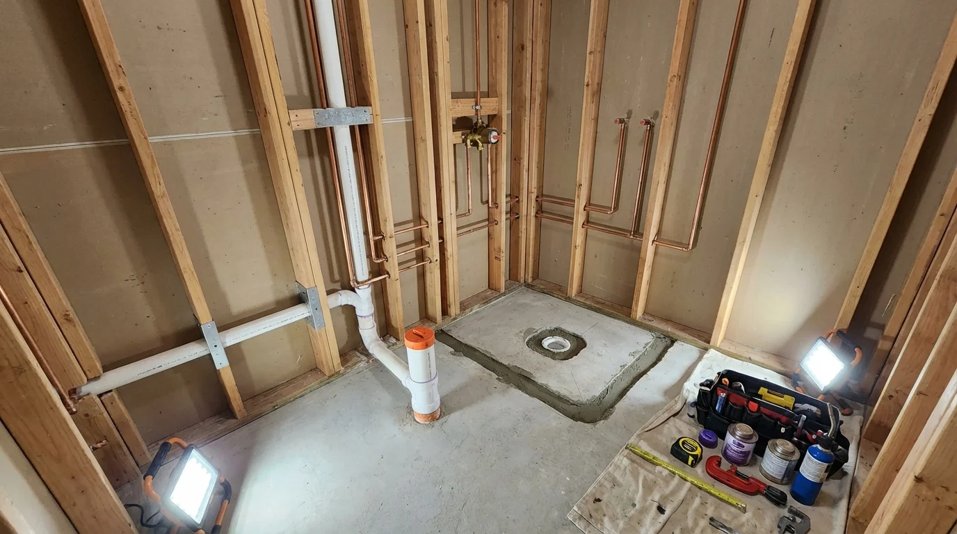 Bathroom rough-in plumbing during remodel by Johns Plumbing LLC in Whitefield