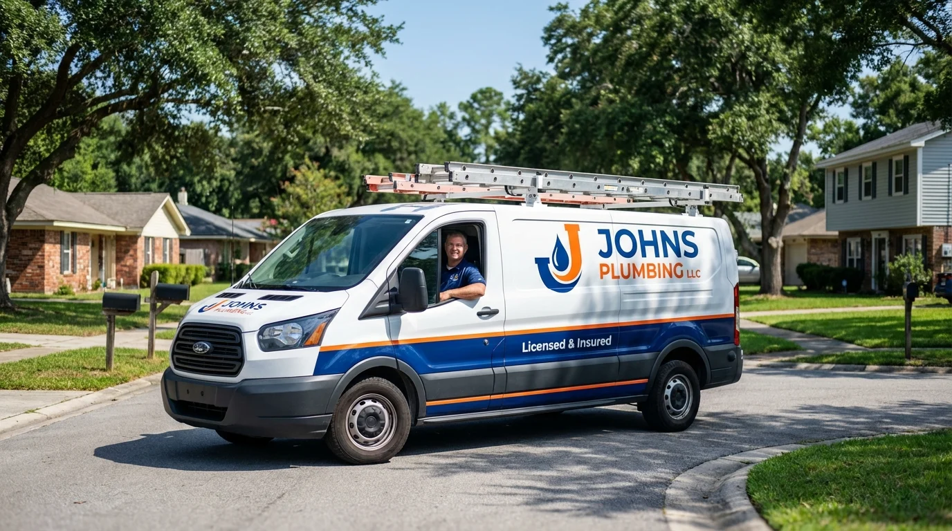 Johns Plumbing LLC service van in Whitefield, NH