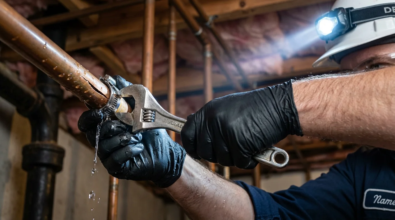 Emergency pipe clamp repair being performed by a Johns Plumbing LLC plumber in Whitefield