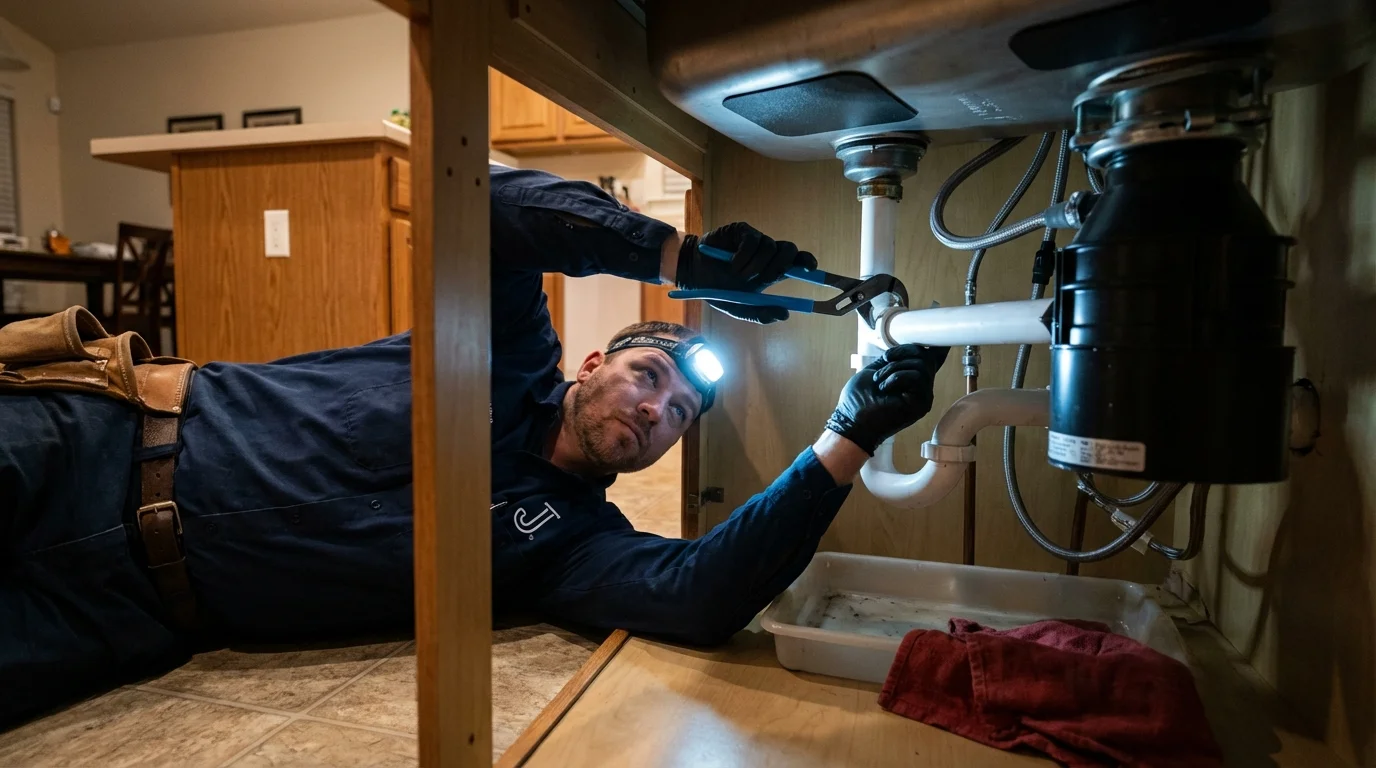 P-trap and supply line connections under a kitchen sink showing a common leak point in Whitefield, NH